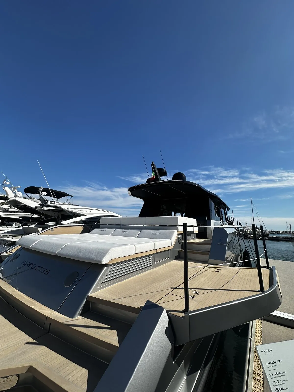 New yachts lined up along the docks at the Cannes Yachting Festival