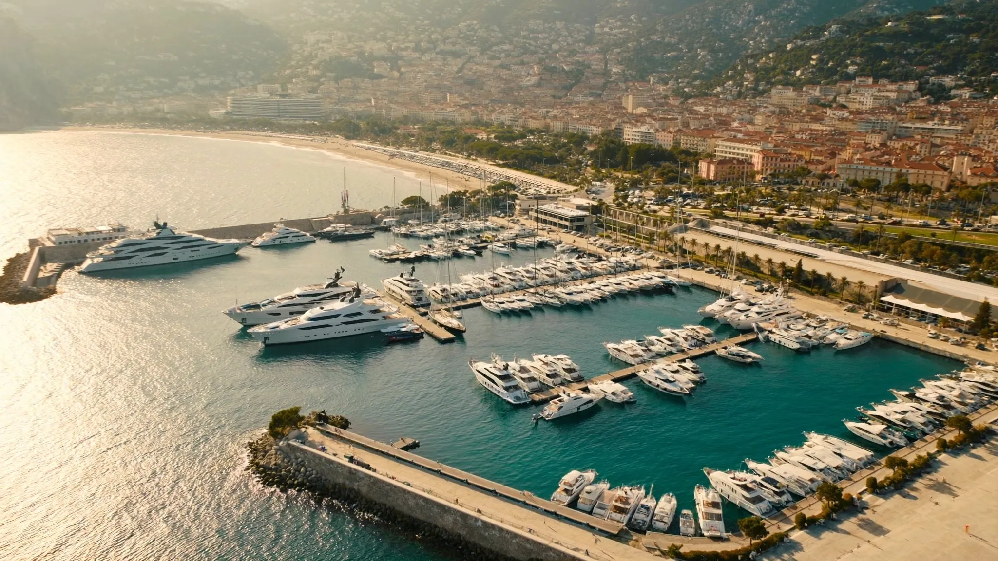 Aerial view of superyachts moored across a Cote d'Azur harbour in golden afternoon light