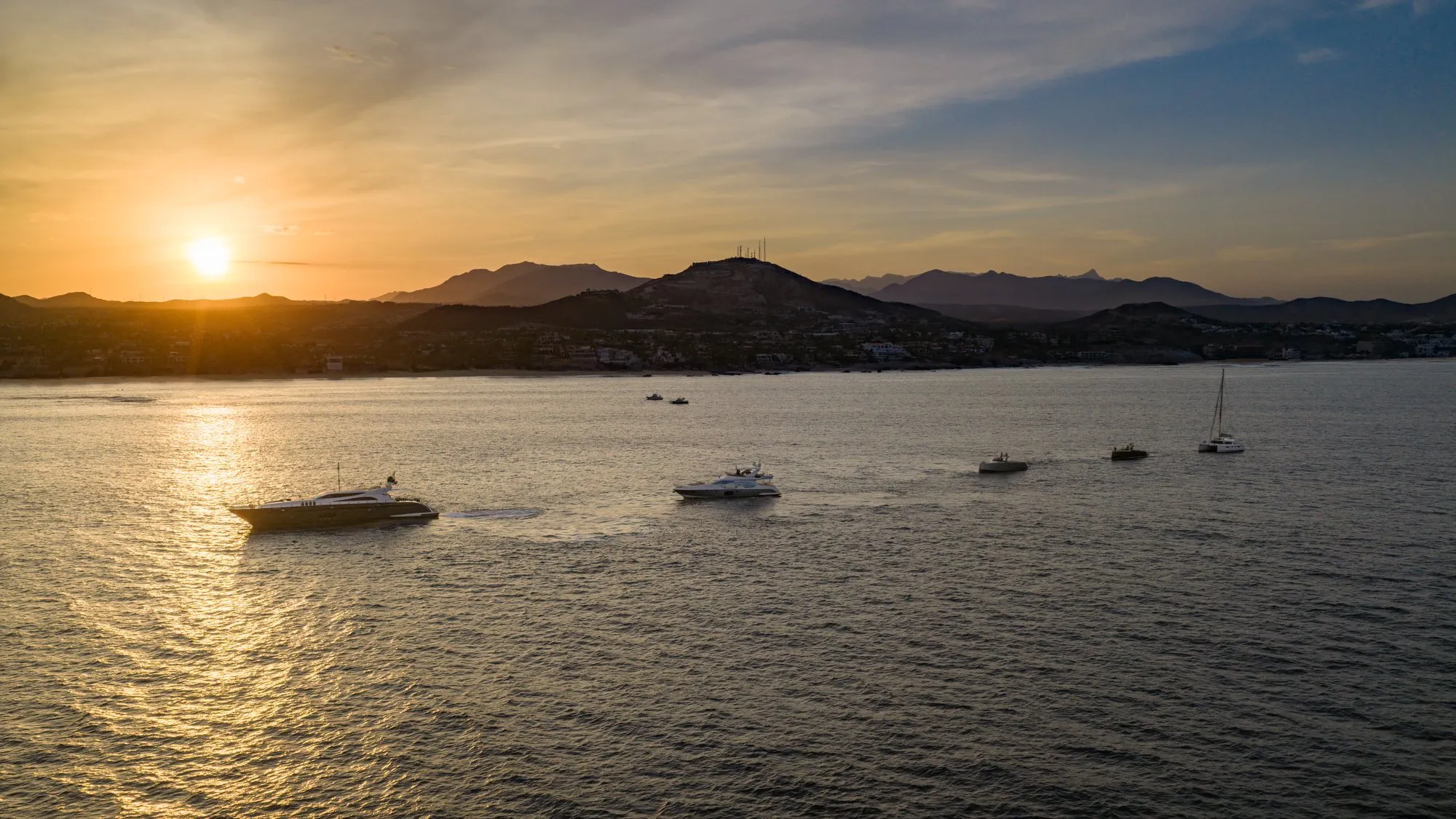 The Otaduy fleet at anchor off Los Cabos at sunset, aerial view