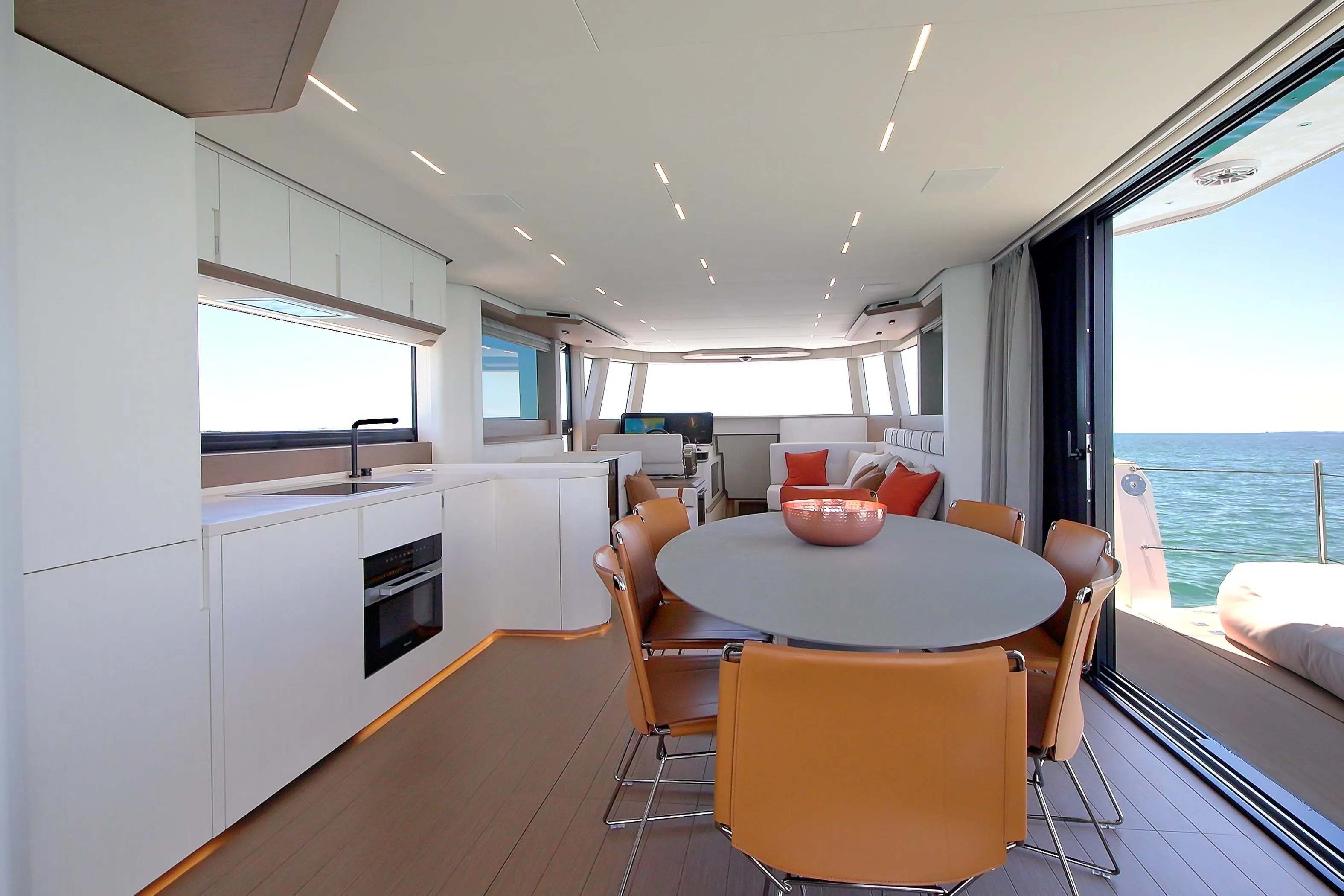 Main deck galley and dining area of the Pardo E72
