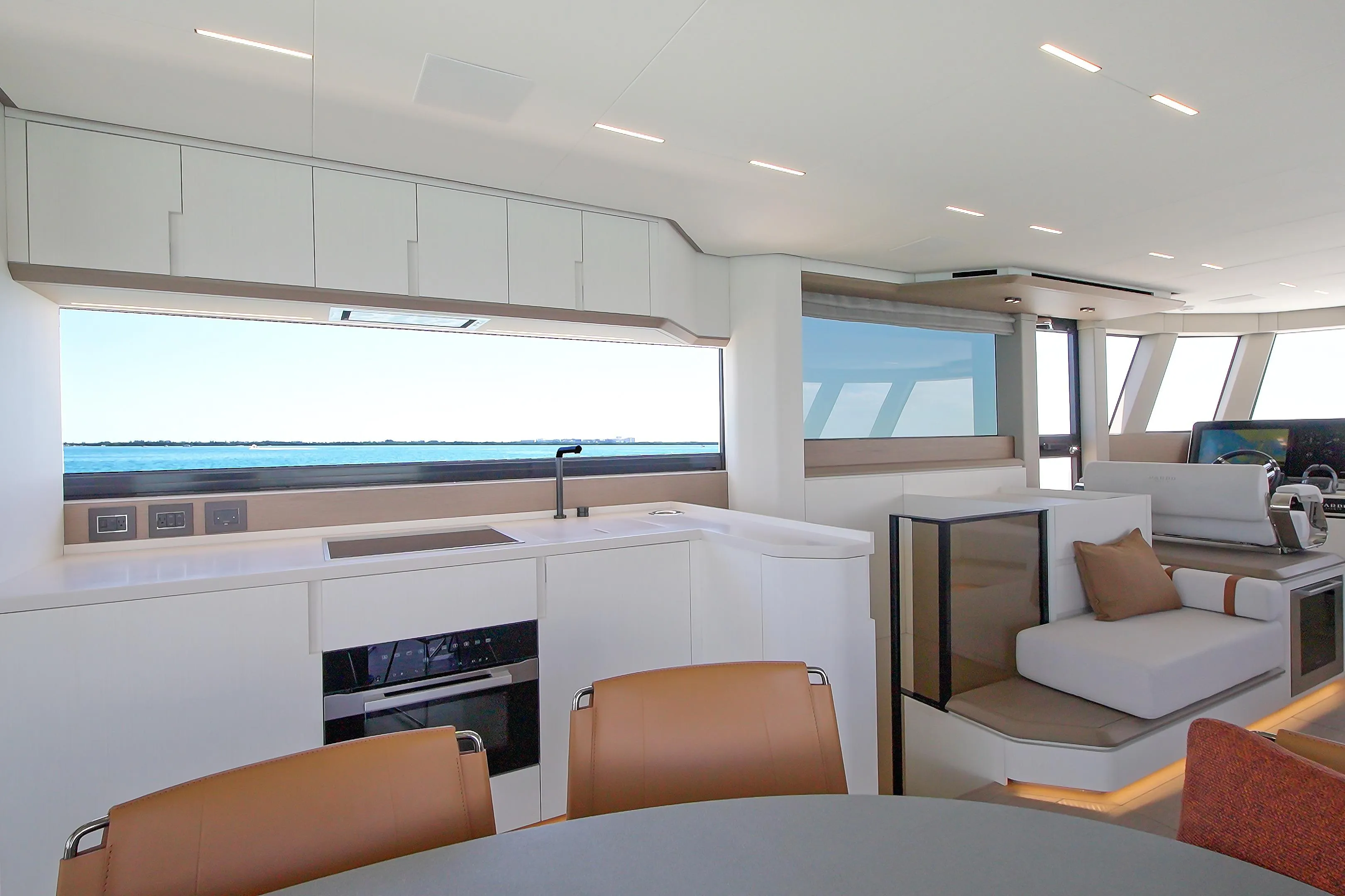 Galley and salon seating aboard the Pardo E72