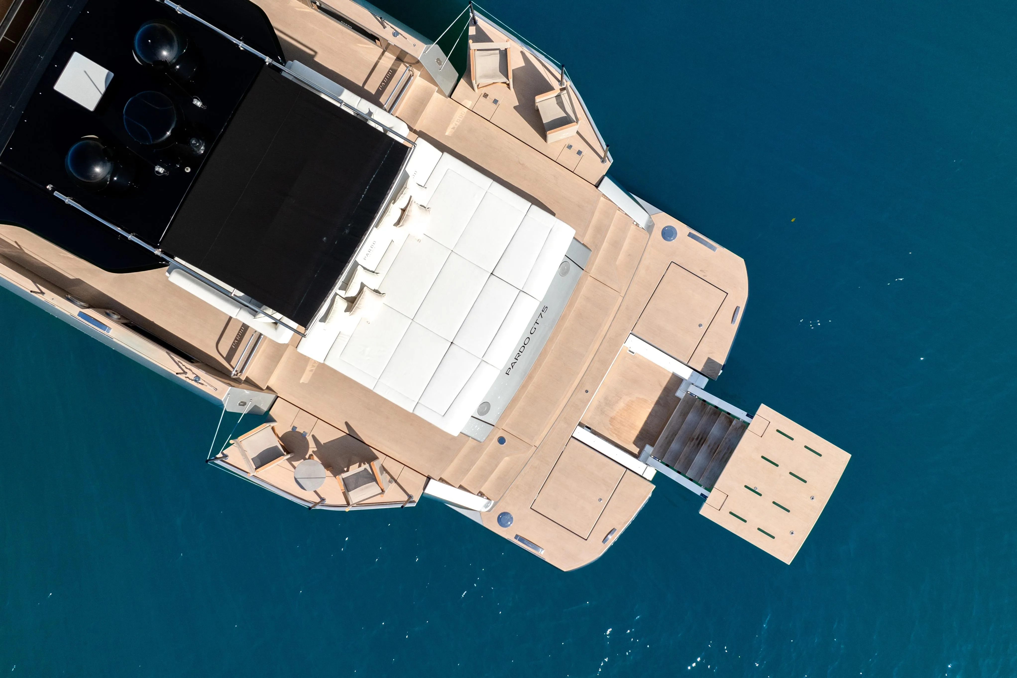 Aerial top down view of the Pardo GT75 aft decks