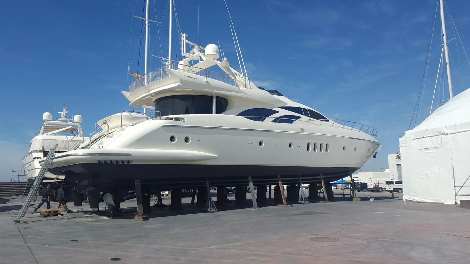 Ganesha hauled out on stands in a boatyard for service