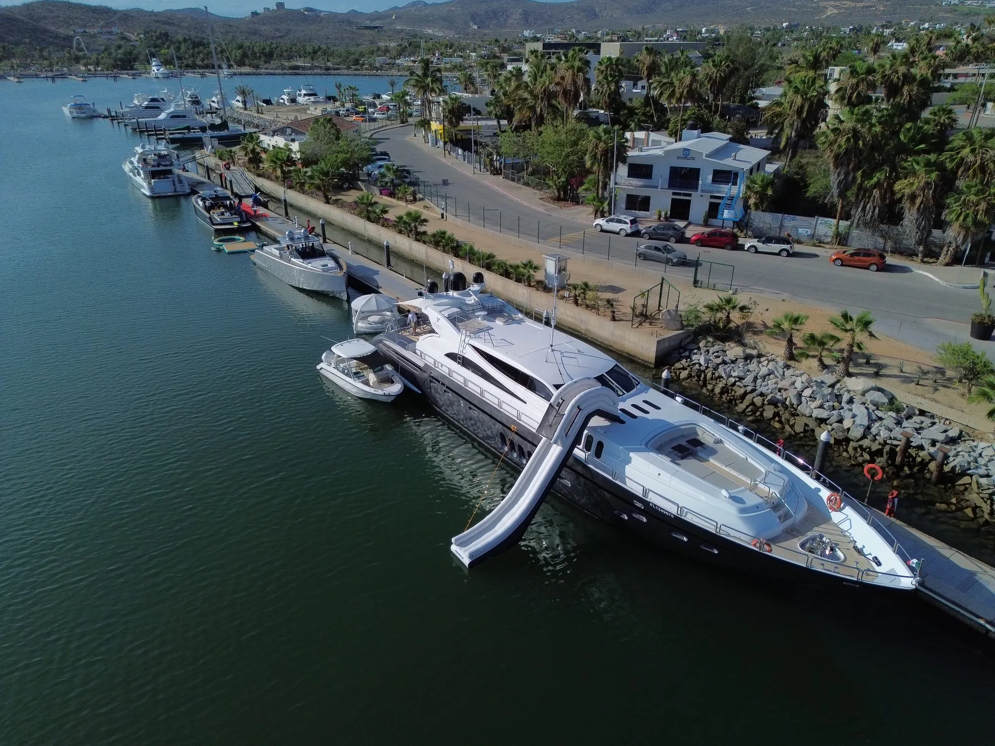 Aerial view of yachts docked at the Marina Puerto Los Cabos base