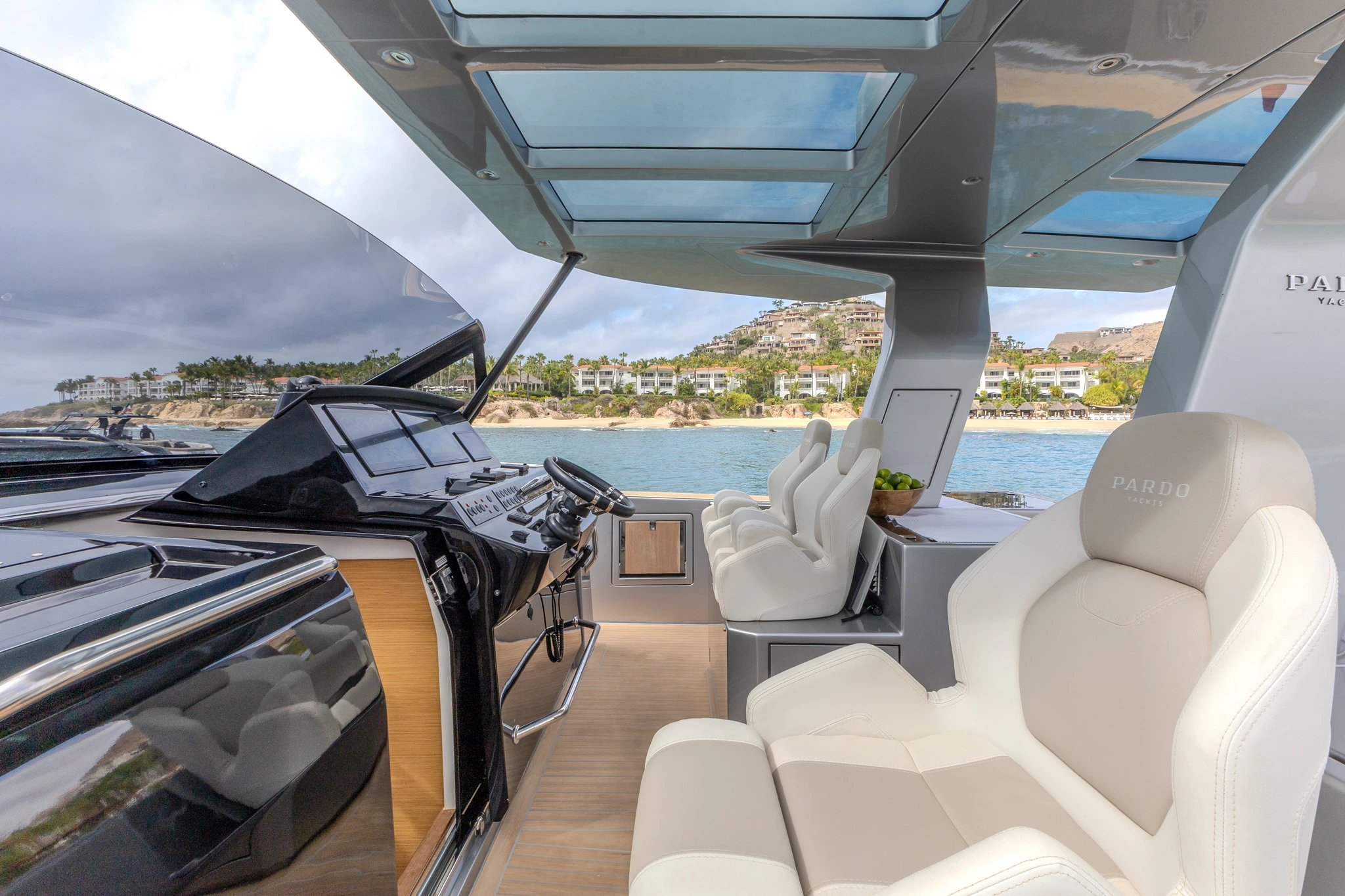 Wheel and interior seats of CIAO Yacht.