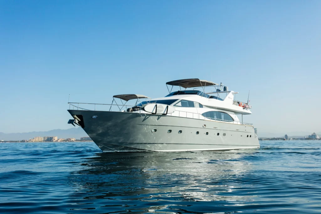 Otaduy yacht Don Moi ready for yacht charter on a clear day above turquoise water.