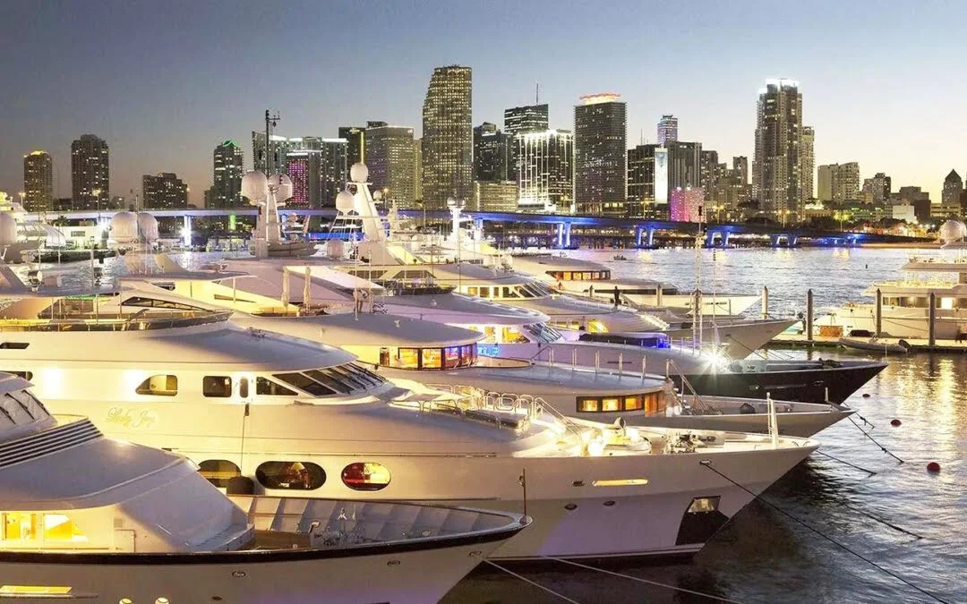 Superyachts in Miami's harbour as sun goes down