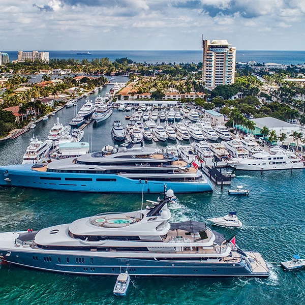 Fort Lauderdale boat show with a superyacht in the blue water outside the Florida.