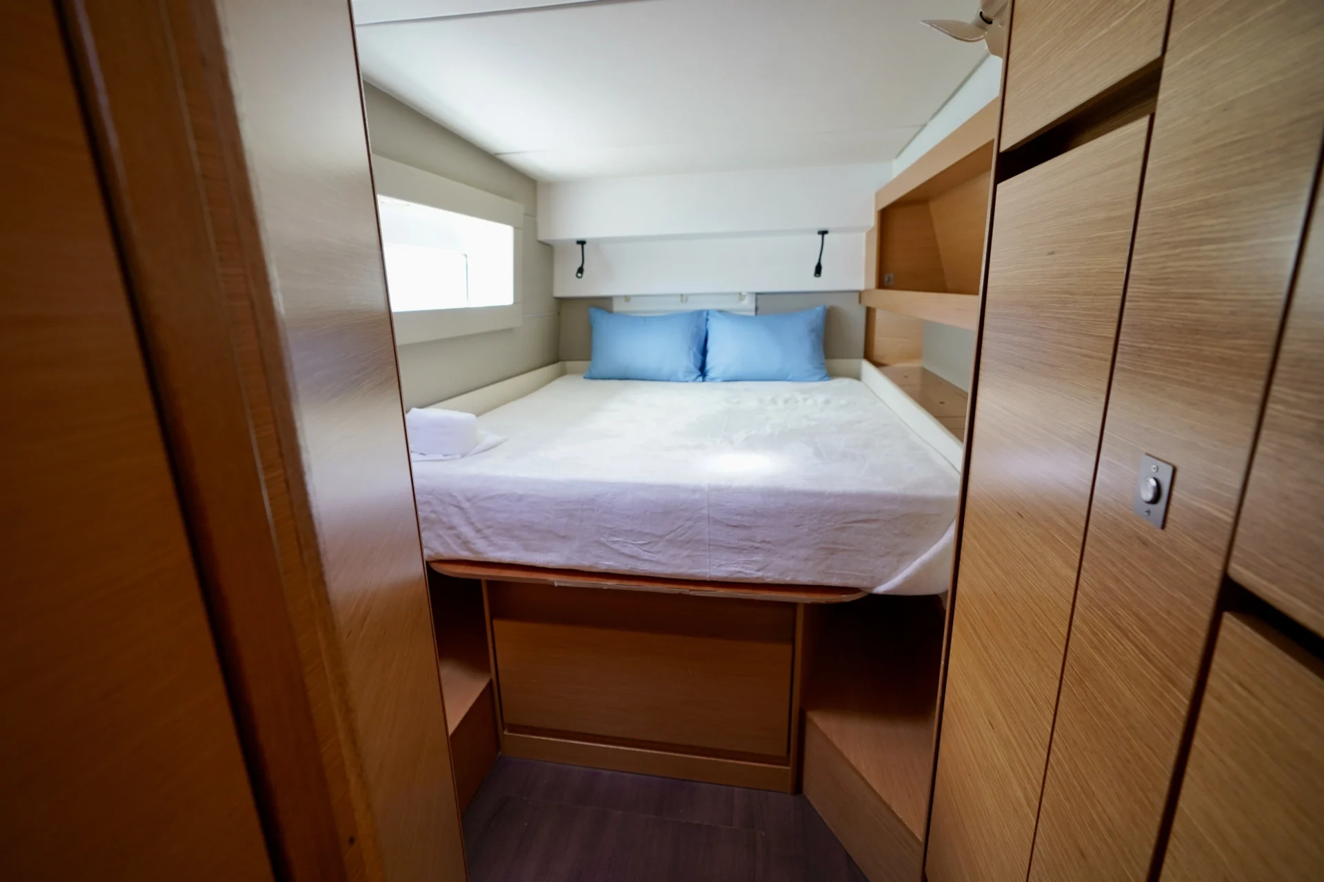 The interior double yacht cabin of the sailing catamaran Telemachus.