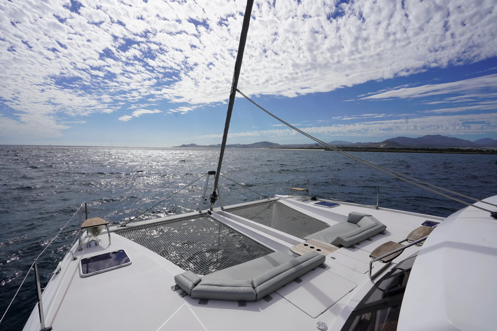 The exterior of the sailing catamaran Telemachus.