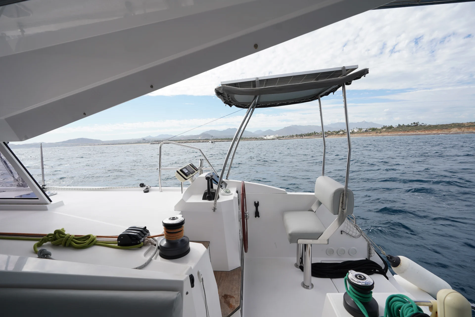 The cock pit of the sailing catamaran Telemachus.