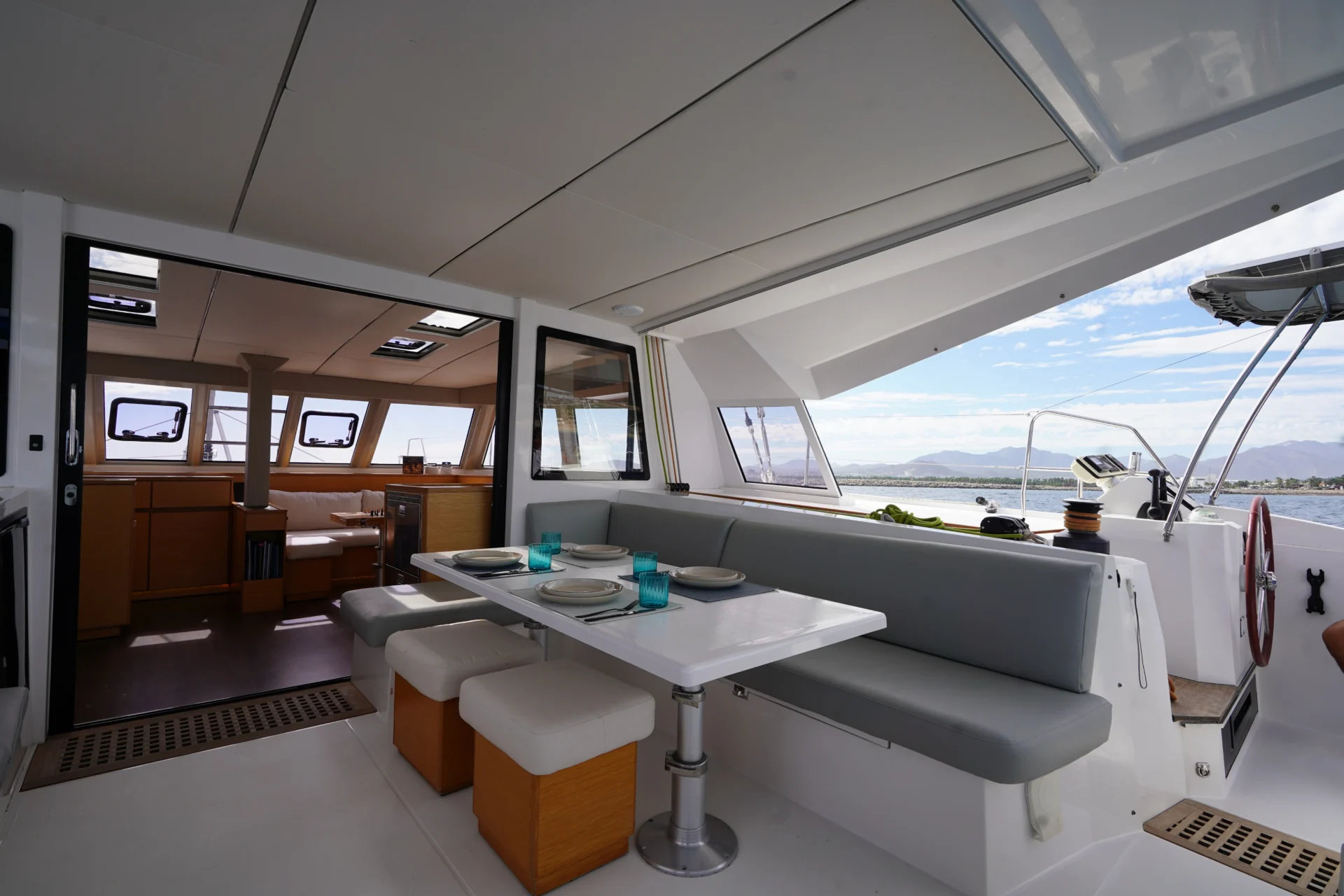 The exterior seating area of the sailing yacht Telemachus.